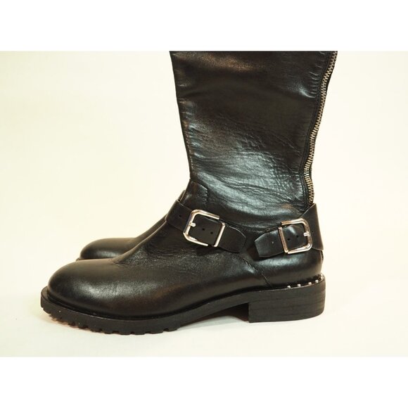 Donald Pliner Vive Black Leather Round Toe Knee High Motorcycle Boots, Size 6 US - Picture 4 of 12